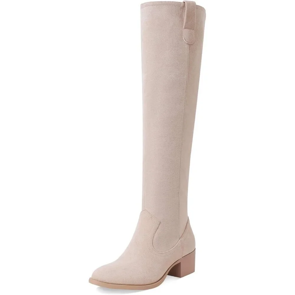 🆕Women's Beige Faux Suede Over The Knee Thigh High Chunky Heel Pointed Toe Boot